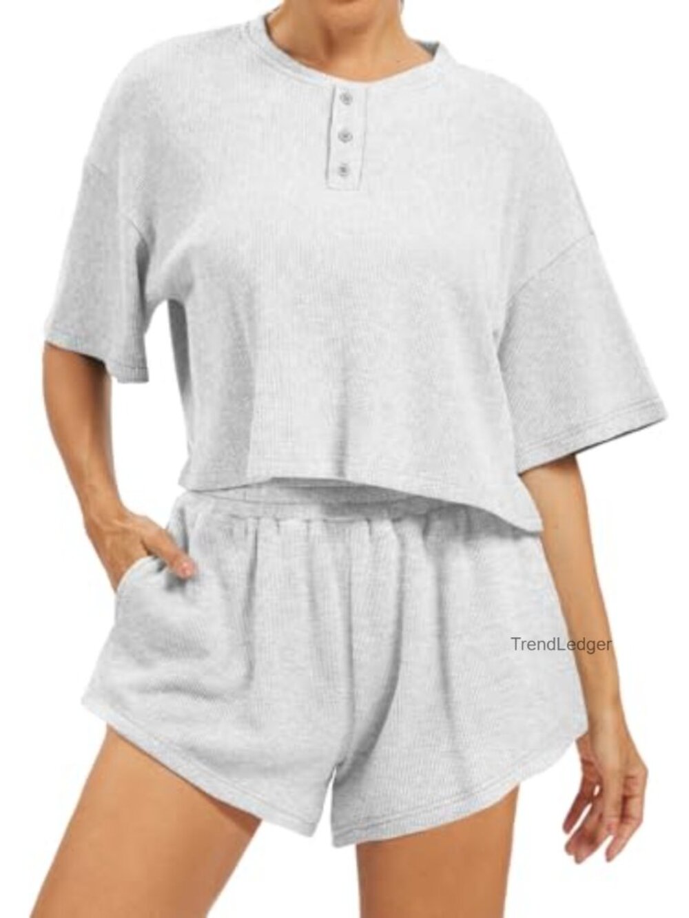 Women's Waffle Knit Lounge Set with Henley Top and Shorts